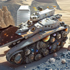 Futuristic tank with transparent dome and astronauts in desert landscape