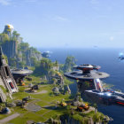 Futuristic cityscape with flying vehicles, greenery, cliffs, modern architecture