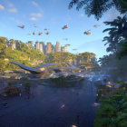 Futuristic cityscape with skyscrapers, lush greenery, waterfalls, river, and