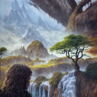 Mystical landscape with waterfalls, tree on precipice, and distant castle.