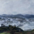 Tranquil landscape with cascading waterfalls, greenery, pink flora, and misty mountains