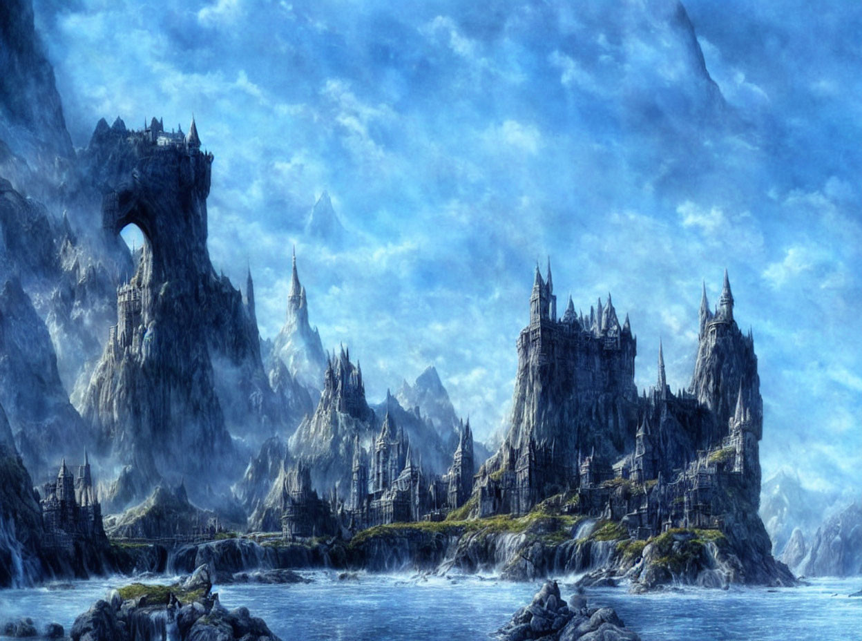 Majestic castles and spires in an icy fantasy landscape