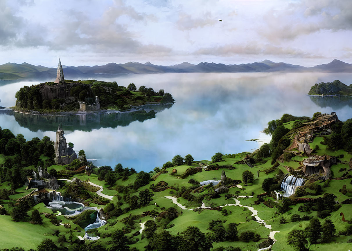 Fantasy landscape with castle, lush greenery, waterfalls, and mountains