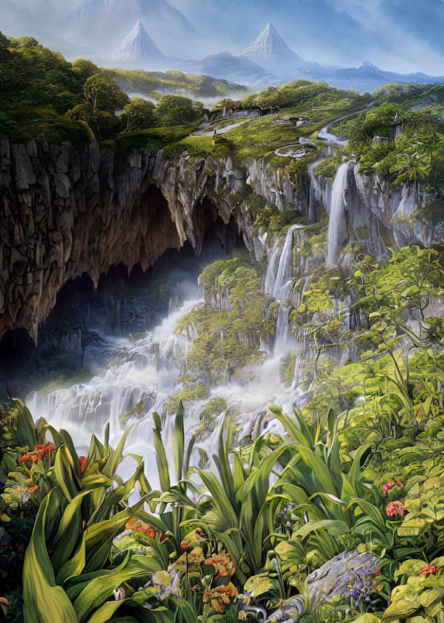 Scenic landscape with waterfalls, cavern, green foliage, and mountains