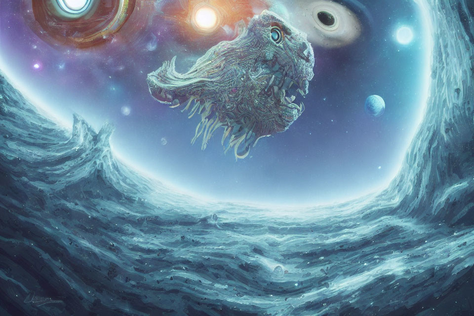 Colossal dragon-like creature in surreal cosmic ocean