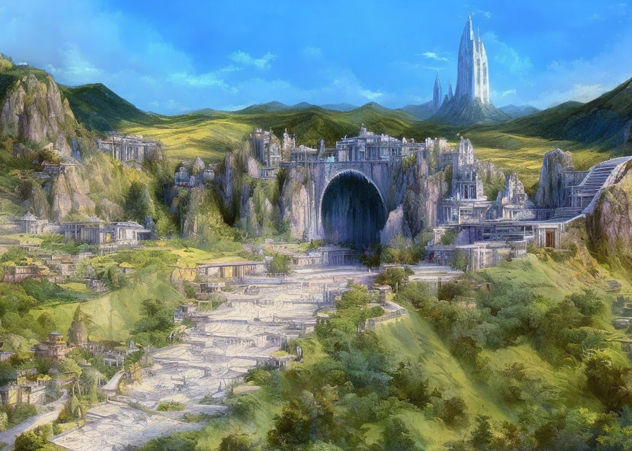 Majestic ancient city in fantastical landscape with rolling hills