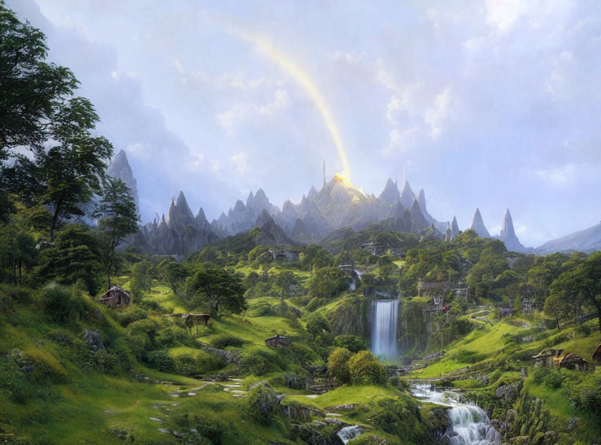 Scenic landscape with rainbow, mountains, waterfall, streams, meadows, and huts