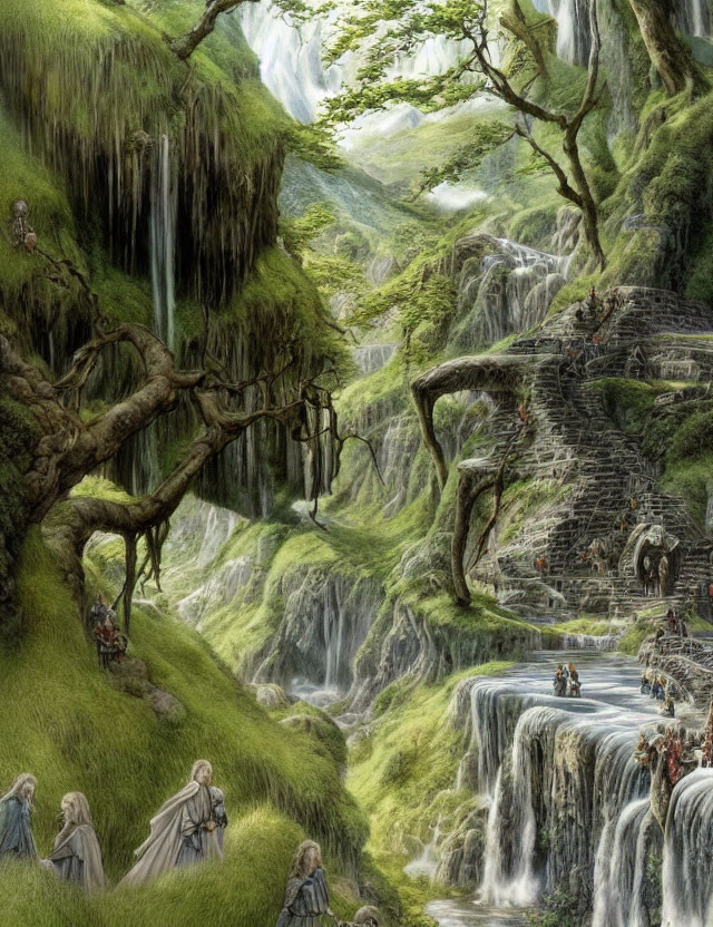 Fantasy landscape with lush greenery, waterfalls, rivers, and elves.