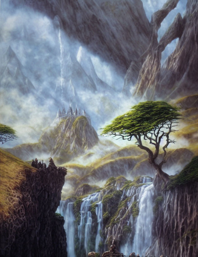 Mystical landscape with waterfalls, tree on precipice, and distant castle.