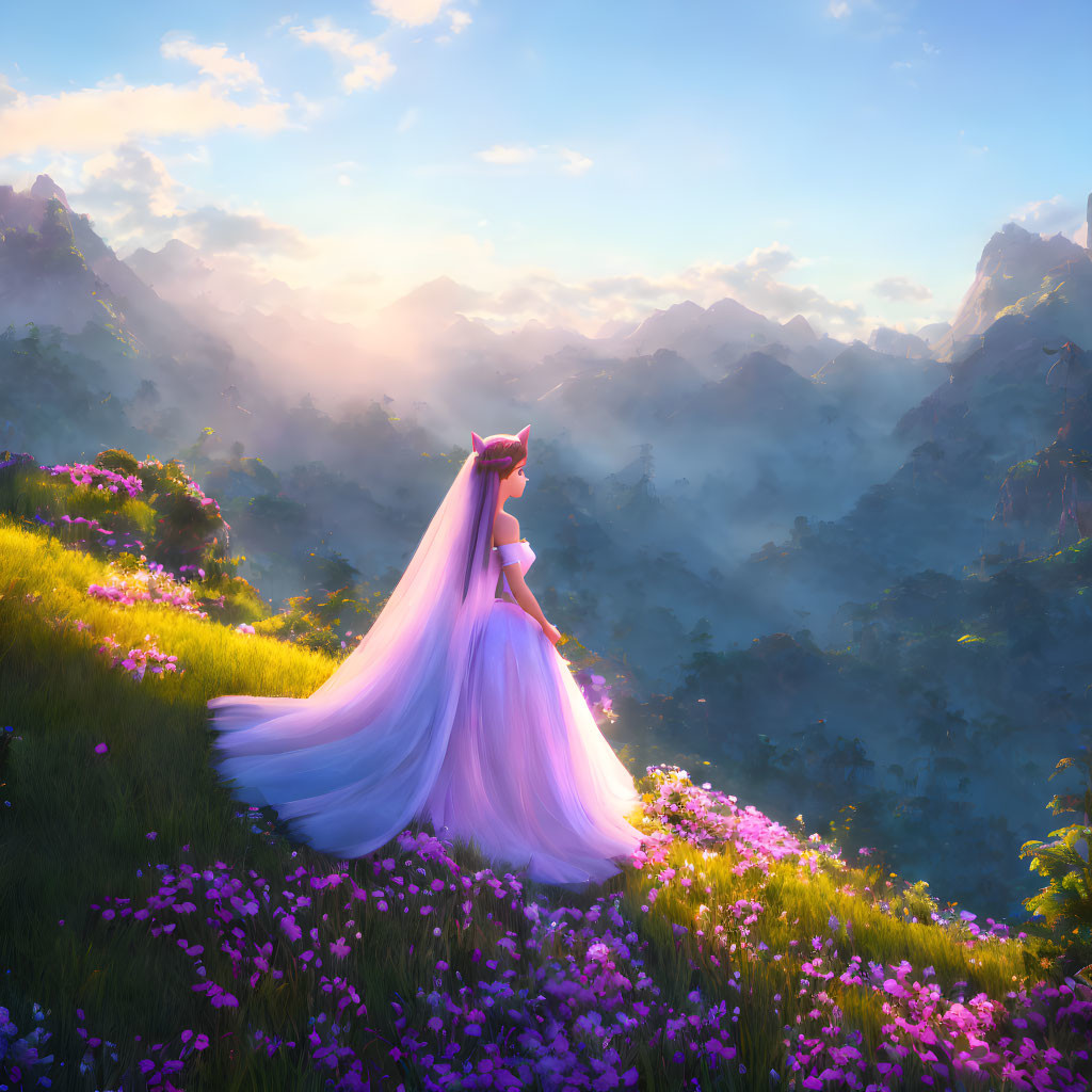 Animated princess in purple gown on flower hill with mountain view