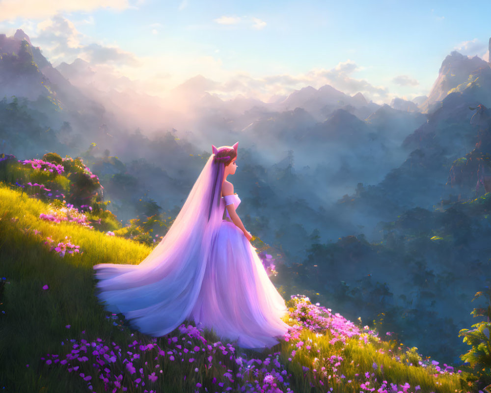 Animated princess in purple gown on flower hill with mountain view