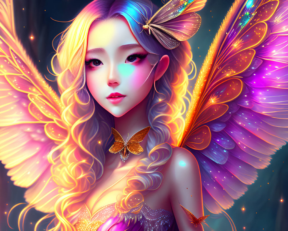 Colorful Fantasy Creature with Butterfly Wings and Luminescent Hairpiece