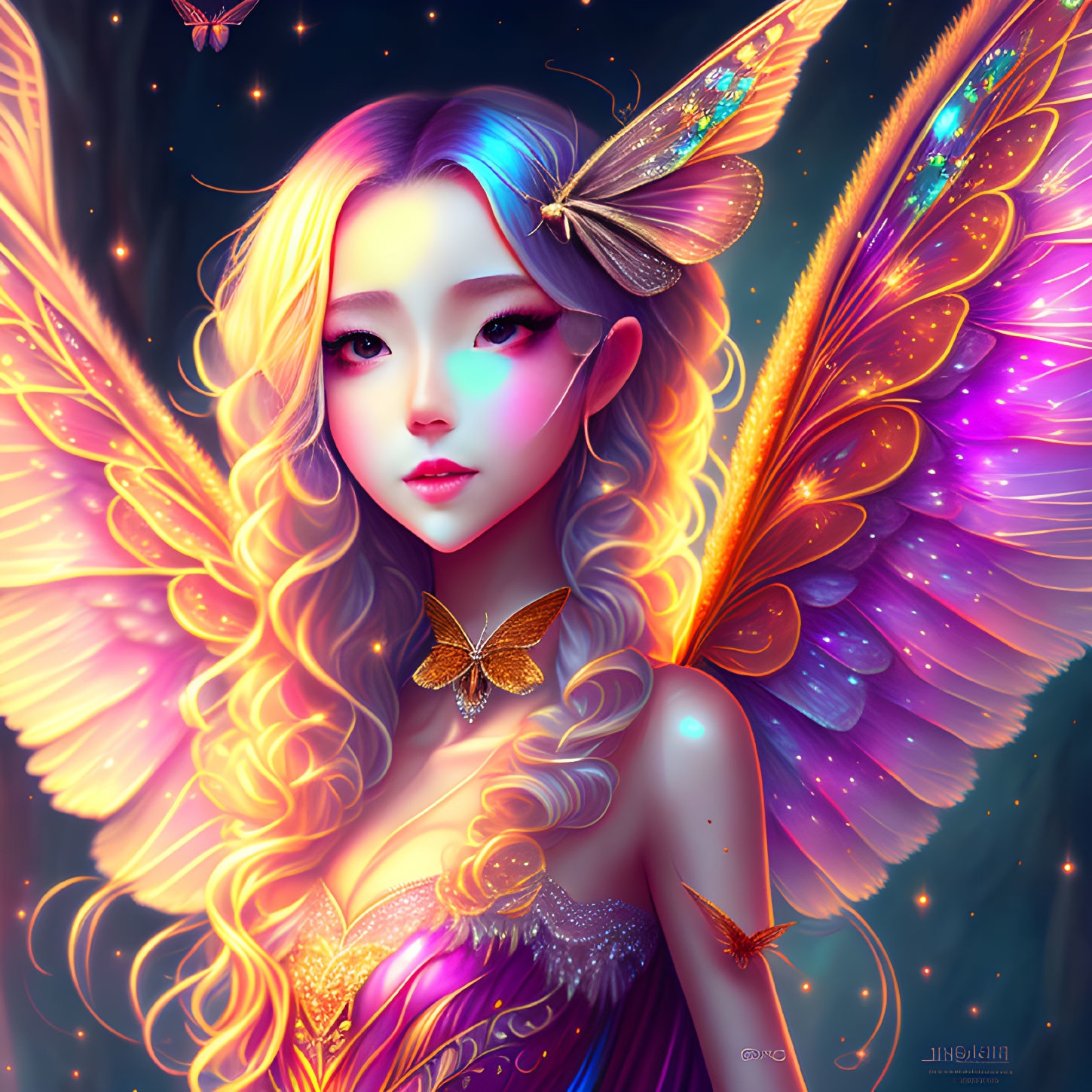 Colorful Fantasy Creature with Butterfly Wings and Luminescent Hairpiece