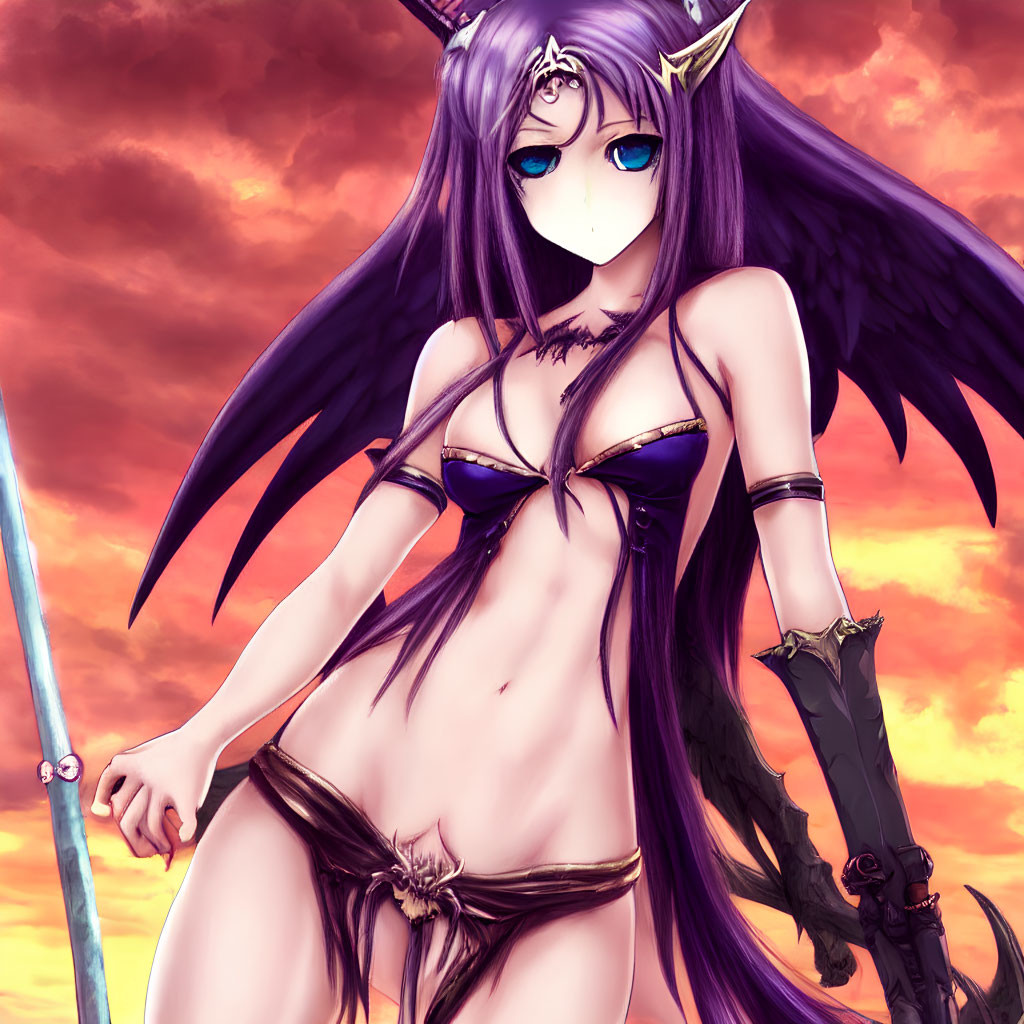 Purple-haired anime character in fantasy bikini armor with wings and horn against fiery sky