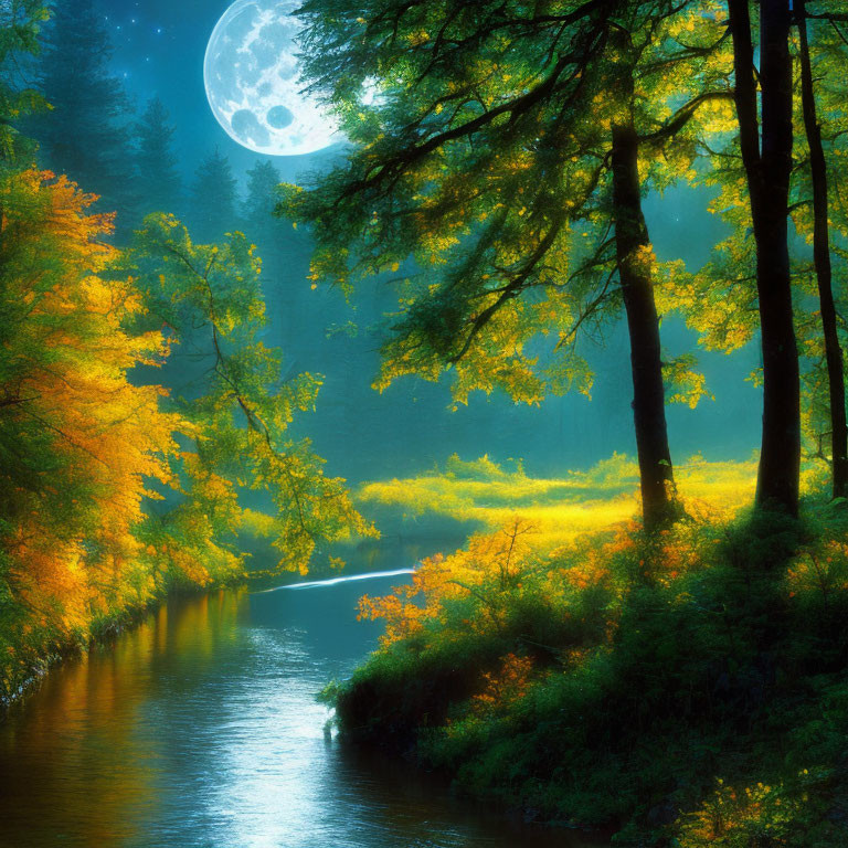 Full Moon Night: Serene Forest & Autumn Leaves Reflection