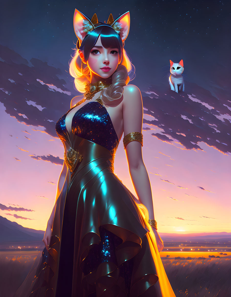 Illustration of woman with cat ears in galaxy dress with white cat on sunset backdrop