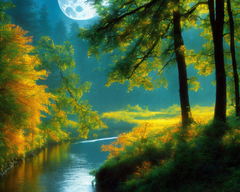 Full Moon Night: Serene Forest & Autumn Leaves Reflection