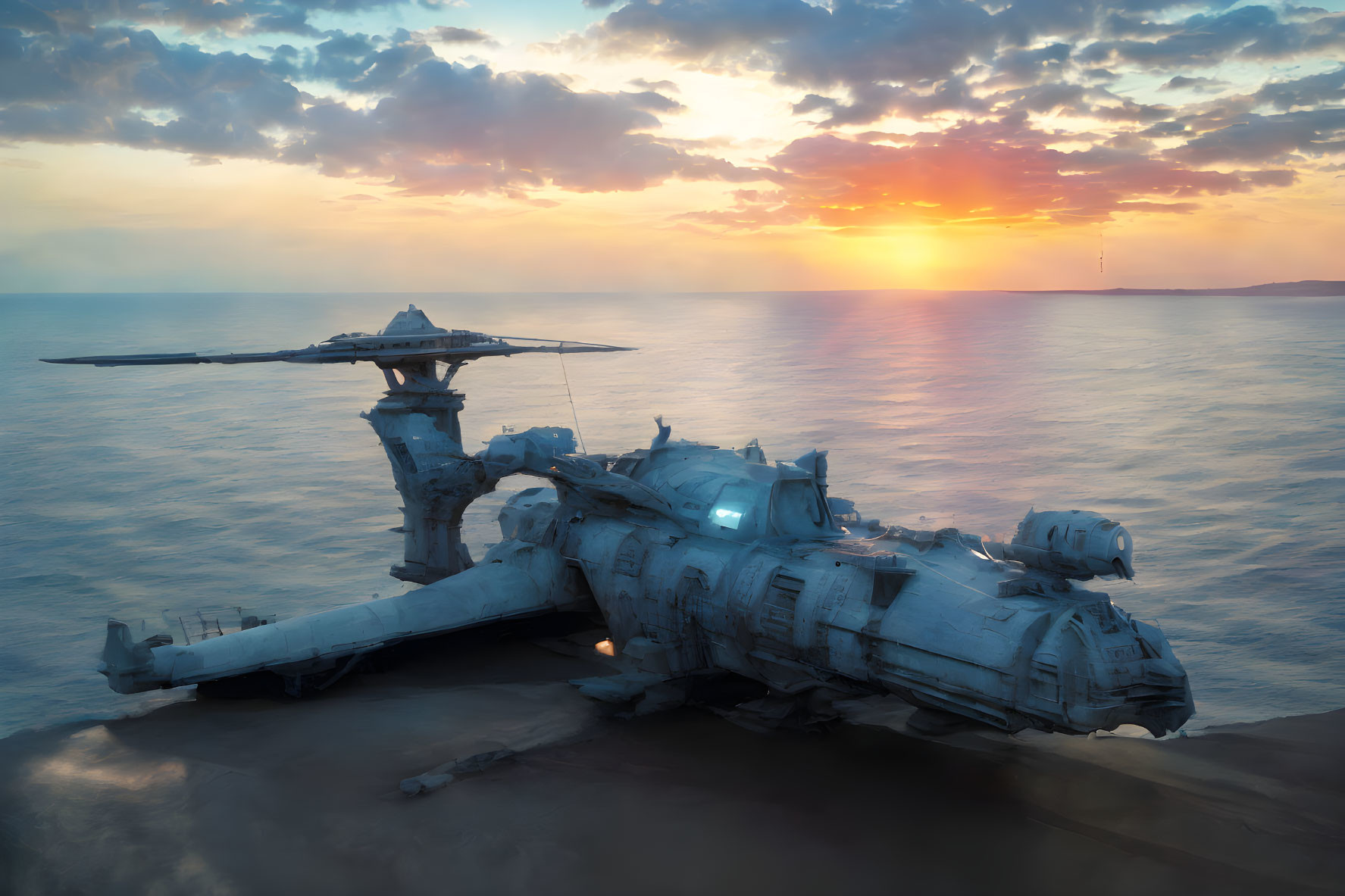 Abandoned spaceship on sandy shore under dramatic sunset