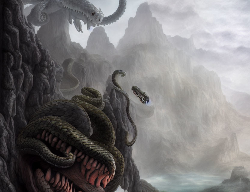 Mythical serpent-like creature with multiple heads in foggy mountain scene