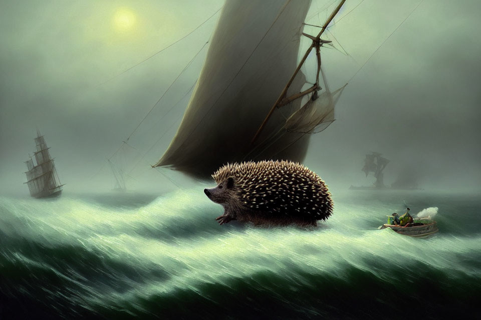 Giant hedgehog floats on ocean waves with sailing ships under misty, sunlit sky