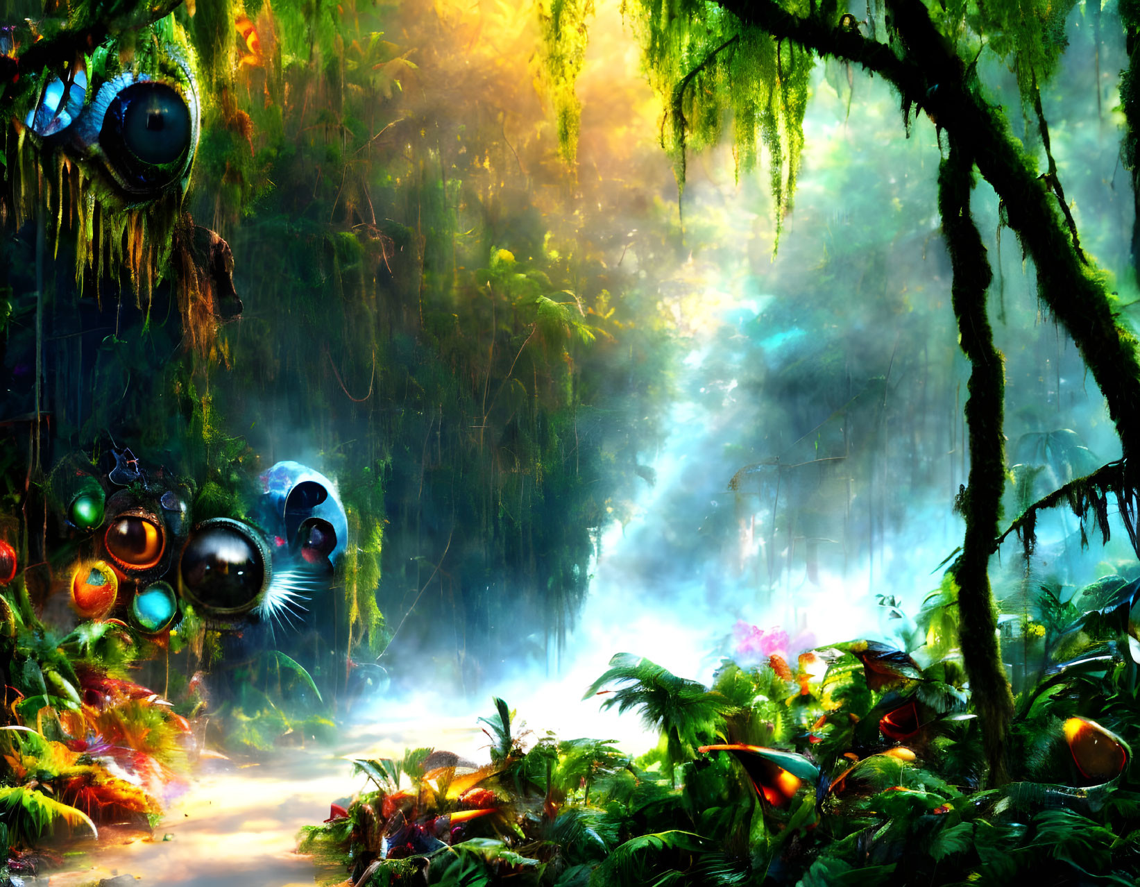 Colorful digital art: Mysterious forest with floating eye spheres