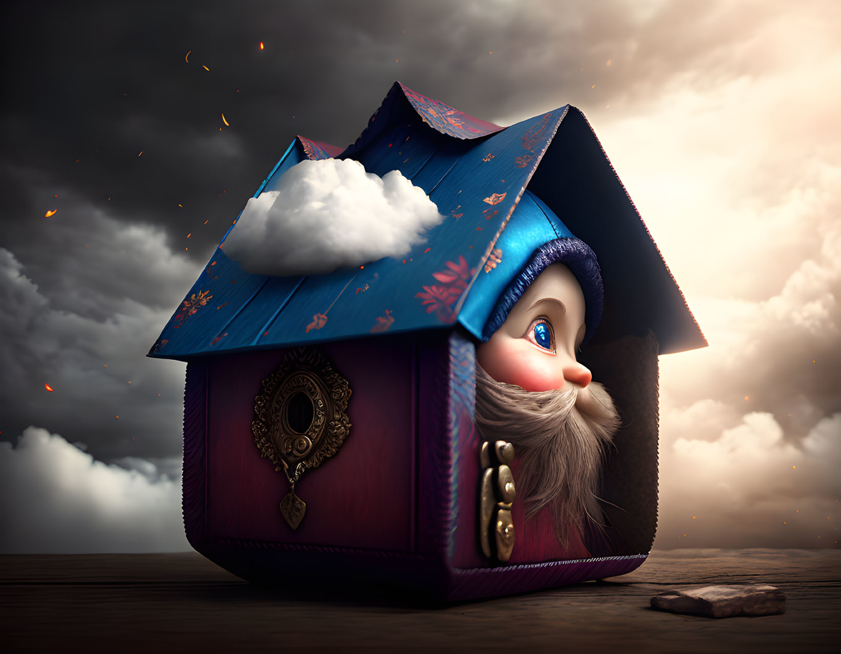 Whimsical cuckoo clock house with bearded figure against dramatic sky