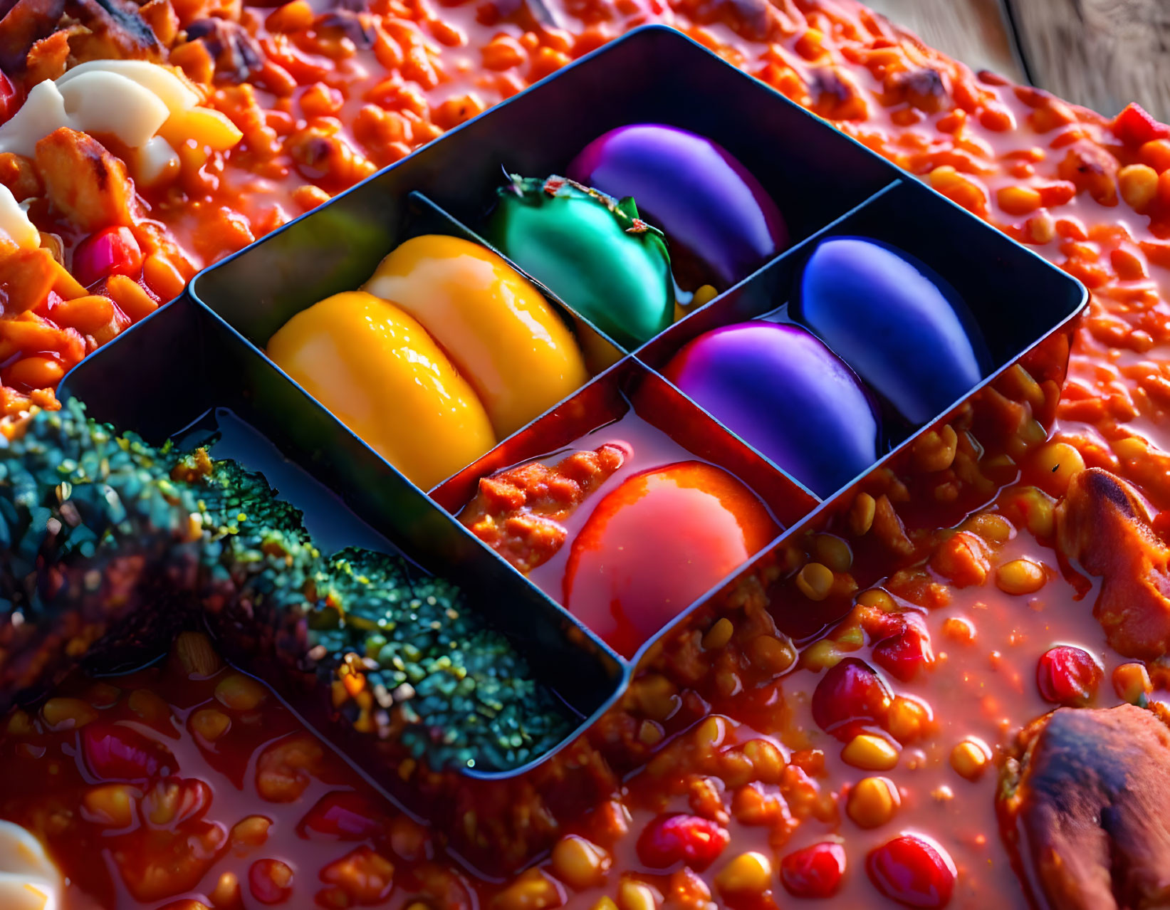 Colorful Easter Eggs on Tray with Baked Beans and Food Pieces