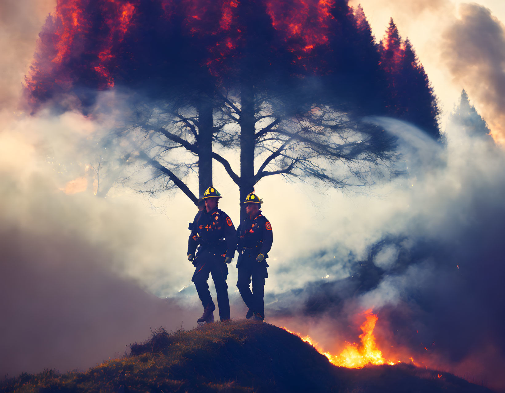 Firefighters in protective gear near blazing forest fire