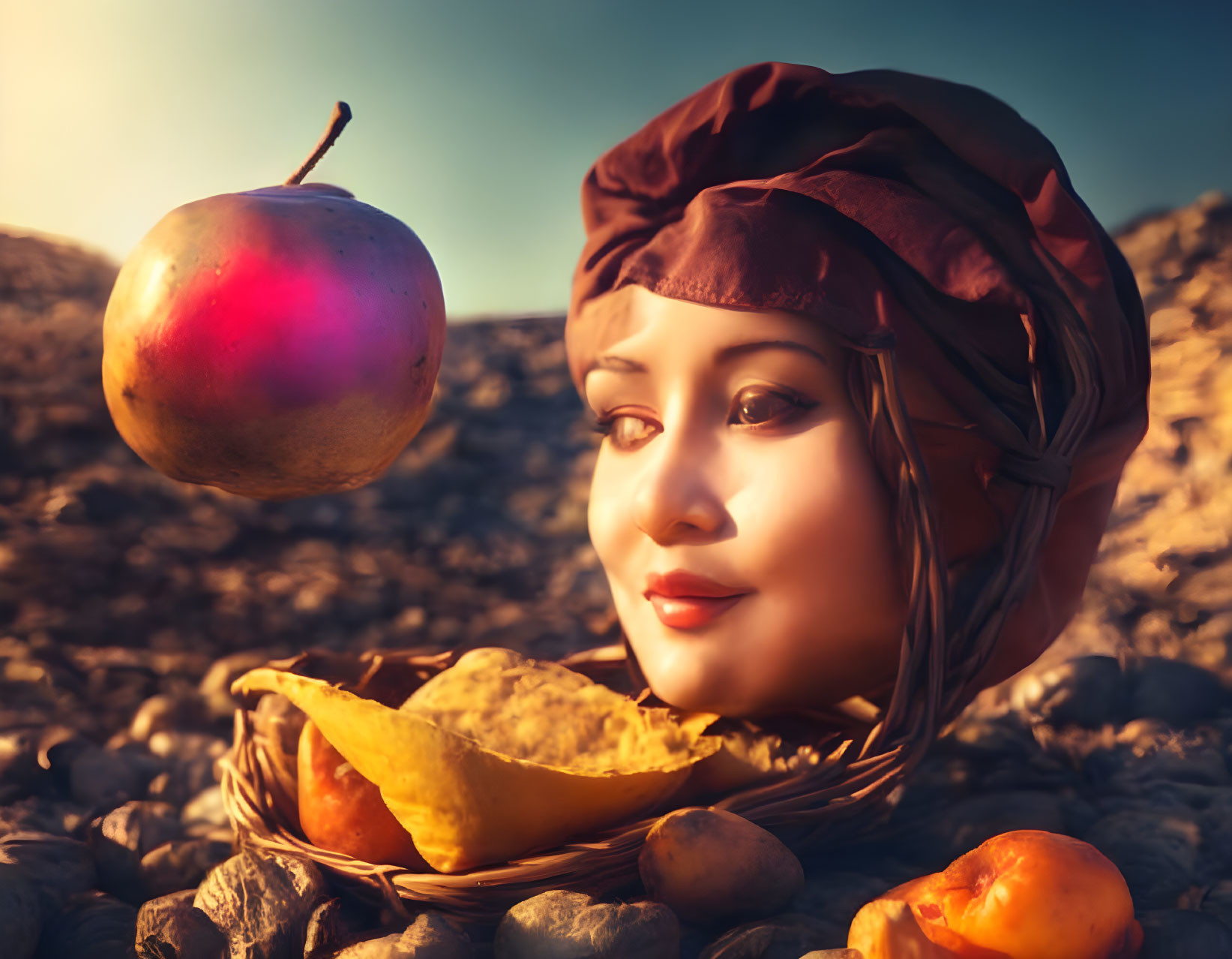 Woman's face in rocky landscape with headscarf, fruit basket, and floating apple