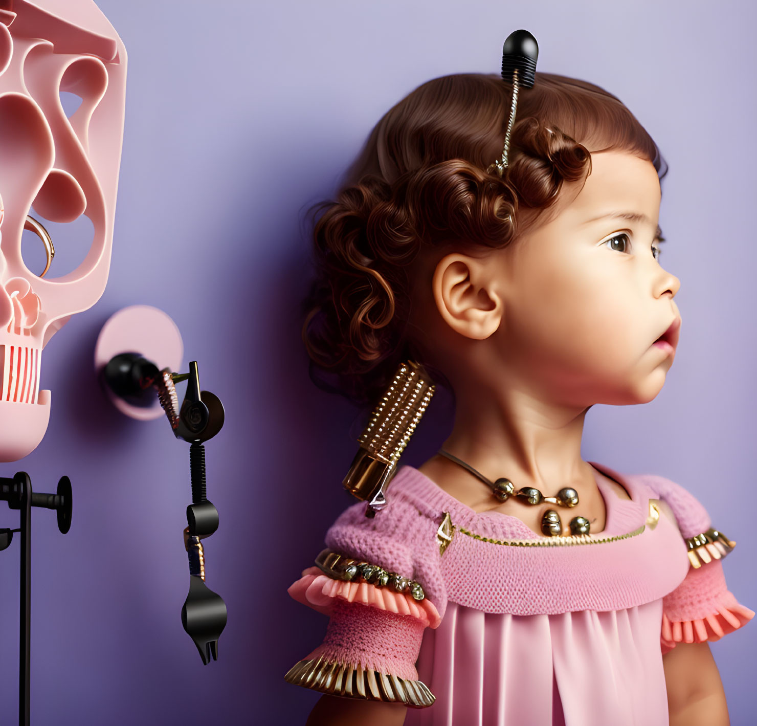 Curly-Haired Toddler in Pink Dress with Hair Accessories and Ear Diagram