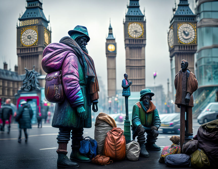 Life-sized winter figurines display near Big Ben in London