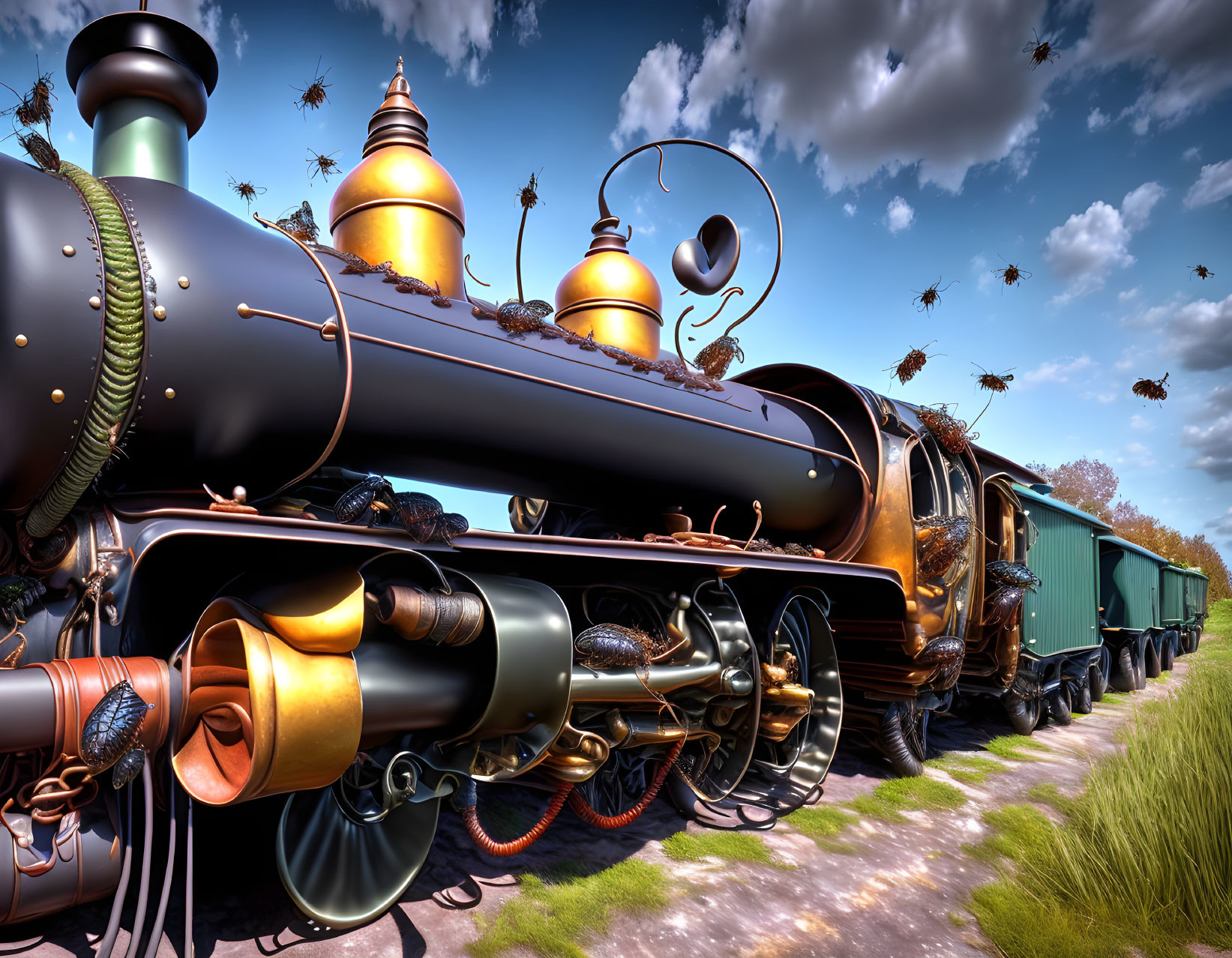 Steampunk-style train with golden details in vibrant countryside