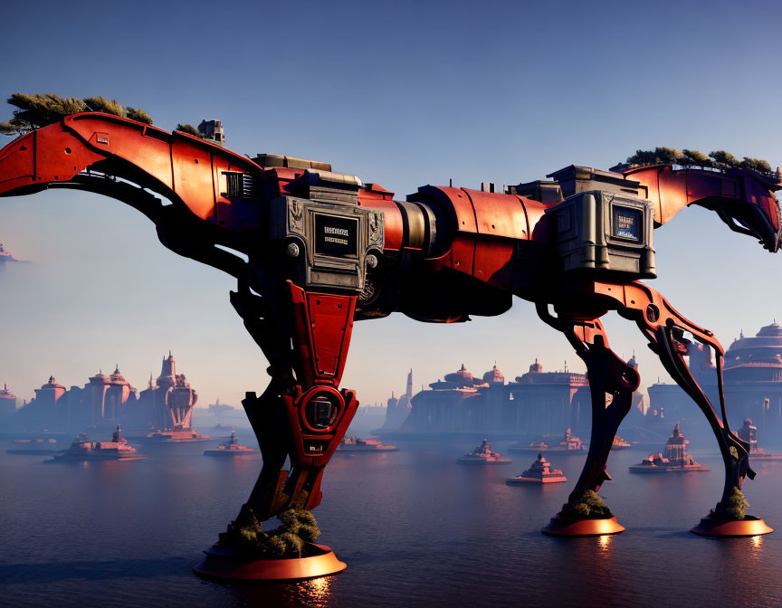 Red Mechanical Quadruped in Futuristic Bay Setting