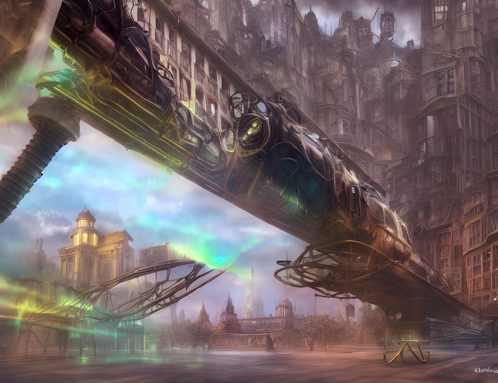 Futuristic cityscape with levitating train and intricate architecture