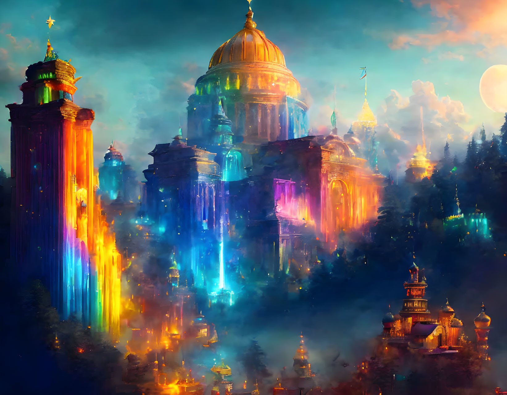 Luminescent Cityscape with Waterfalls of Light and Grand Domes