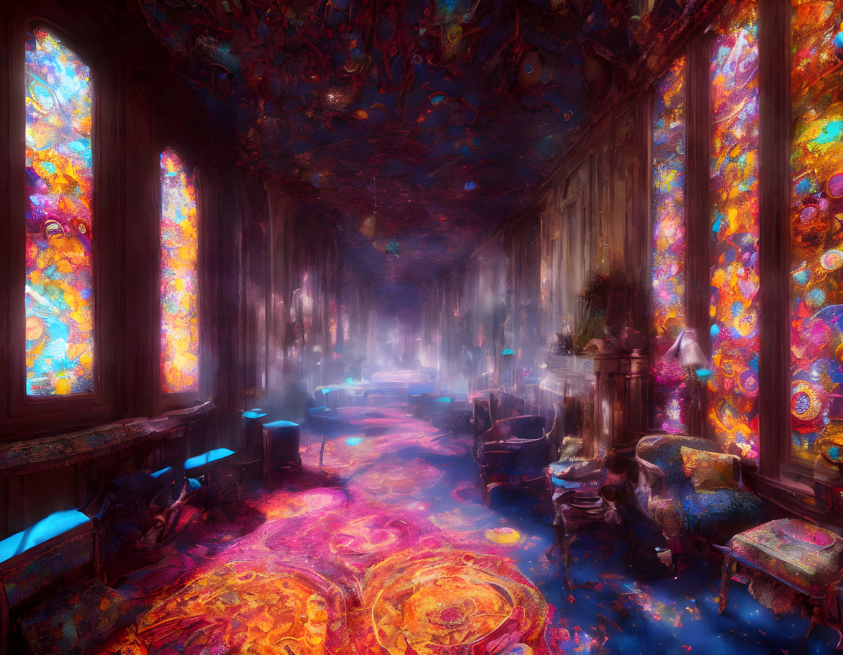 Colorful Dreamlike Room with Stained Glass Windows and Ornate Ceilings