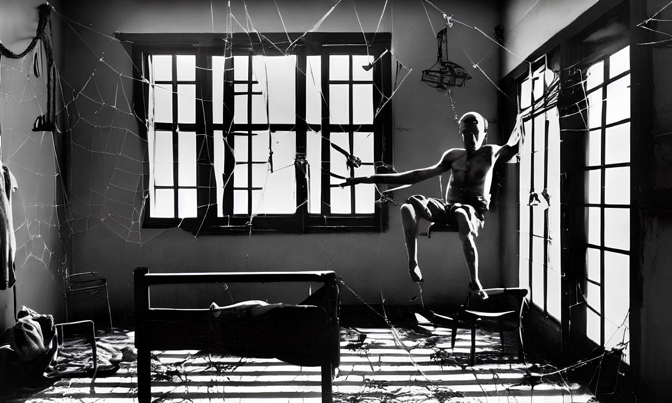 Monochromatic image of a stylized room with large windows, cobwebs, figure with staff,