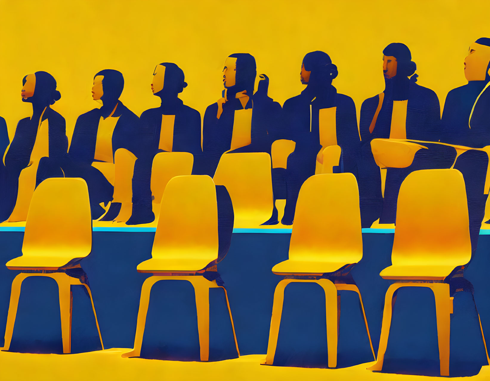 Stylized people in chairs against vibrant yellow background