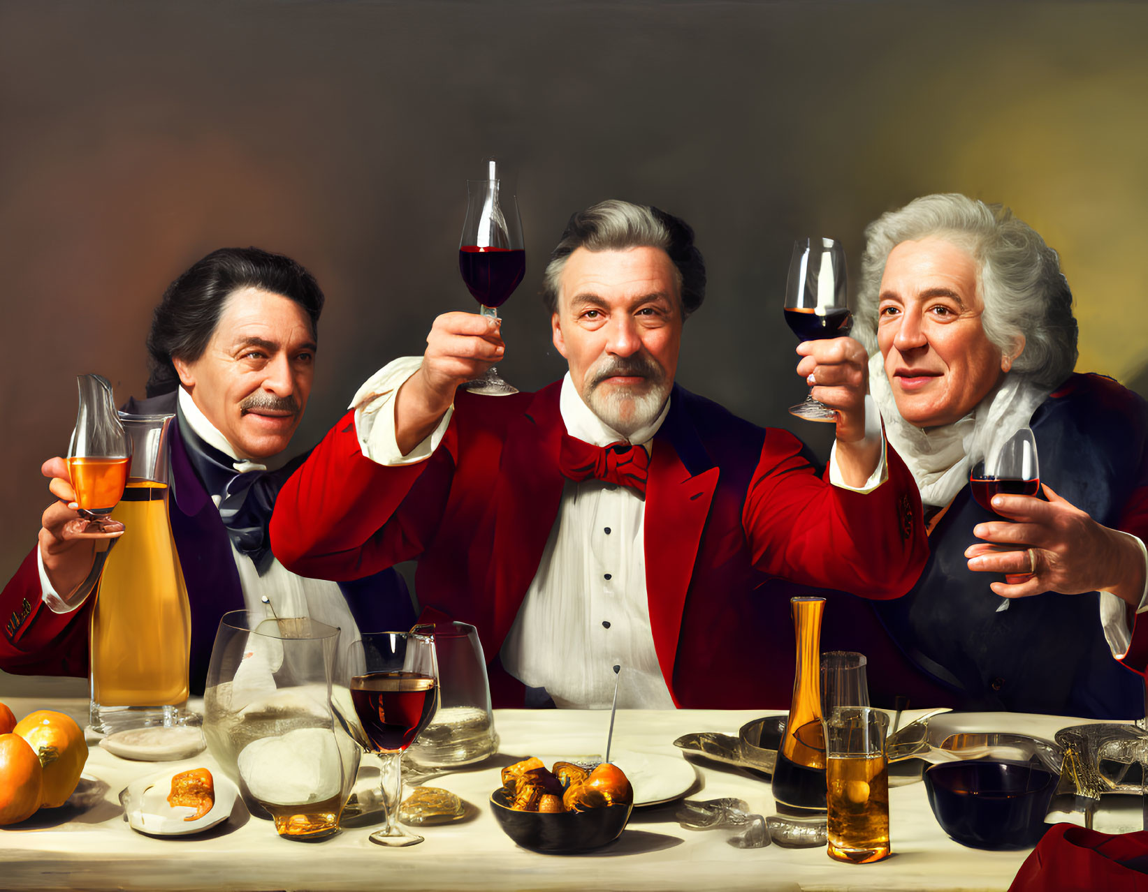 Elegantly dressed individuals toasting with wine and spirits at a festive table