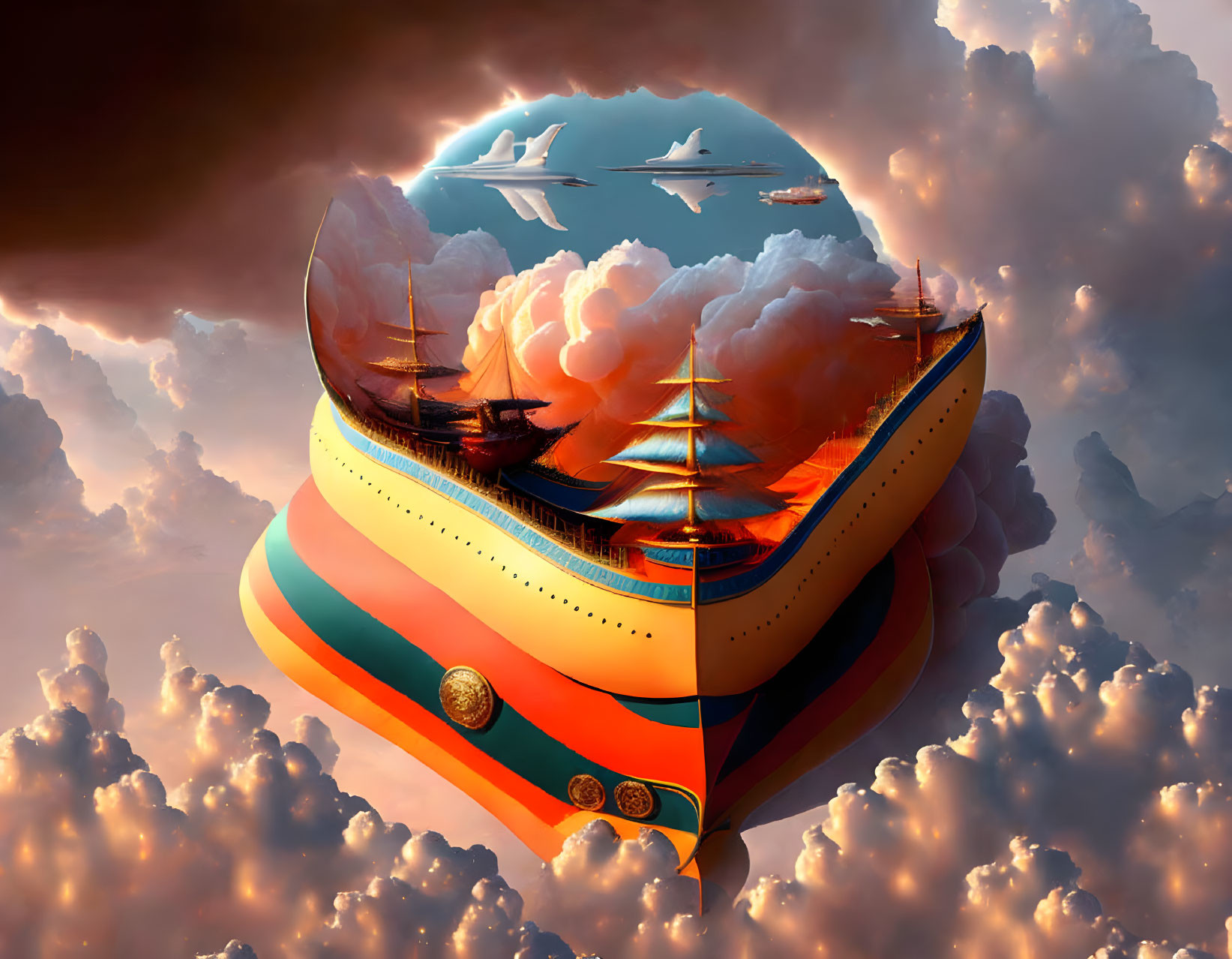 Surreal ship with multiple sails floating above clouds