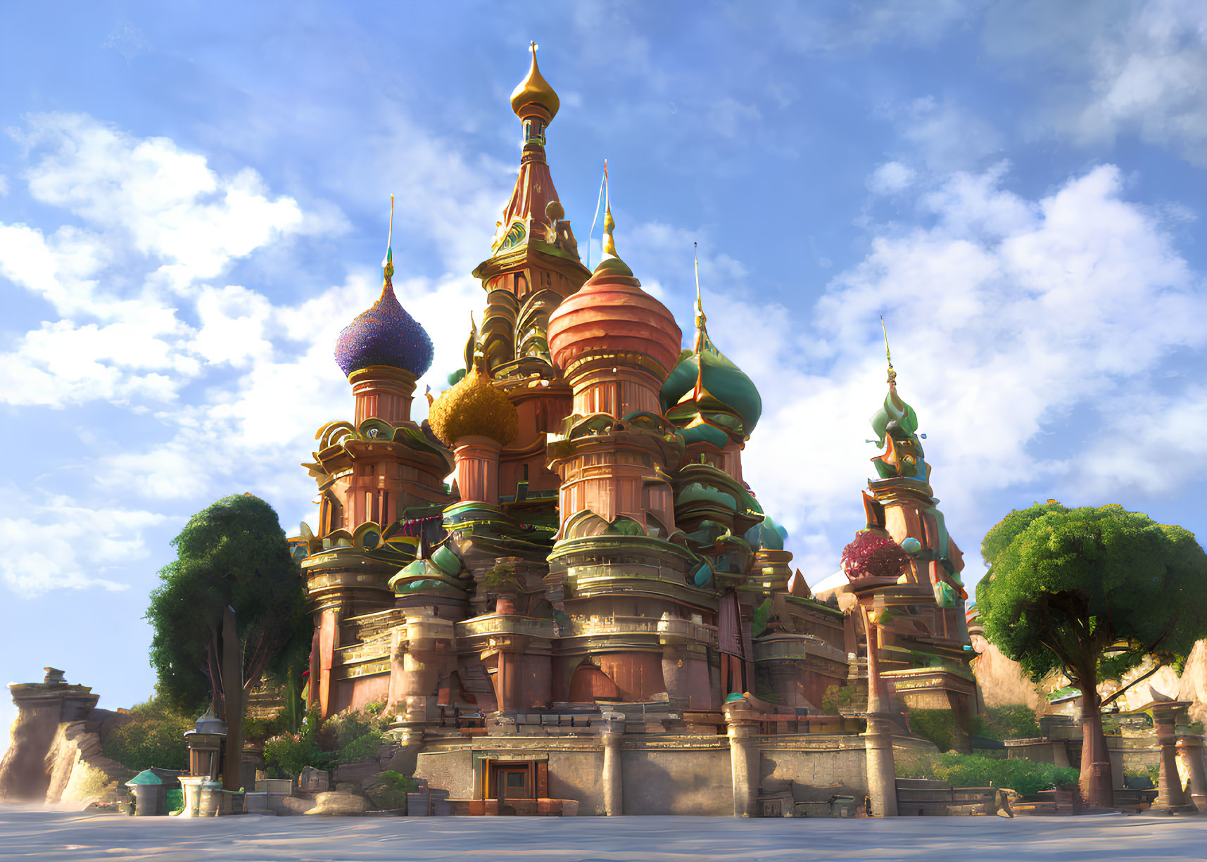 Colorful whimsical castle with onion domes and spires in a fairy tale setting