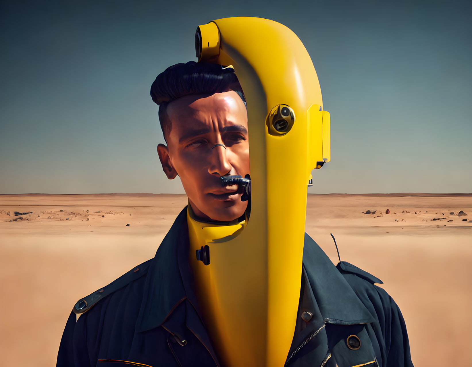 Surrealist portrait: man with head morphed into yellow payphone in desert