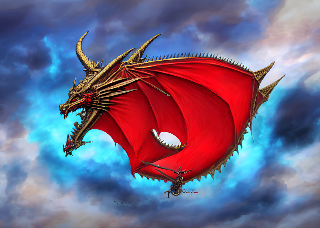 Red dragon with large wings and sharp horns flying in cloudy sky