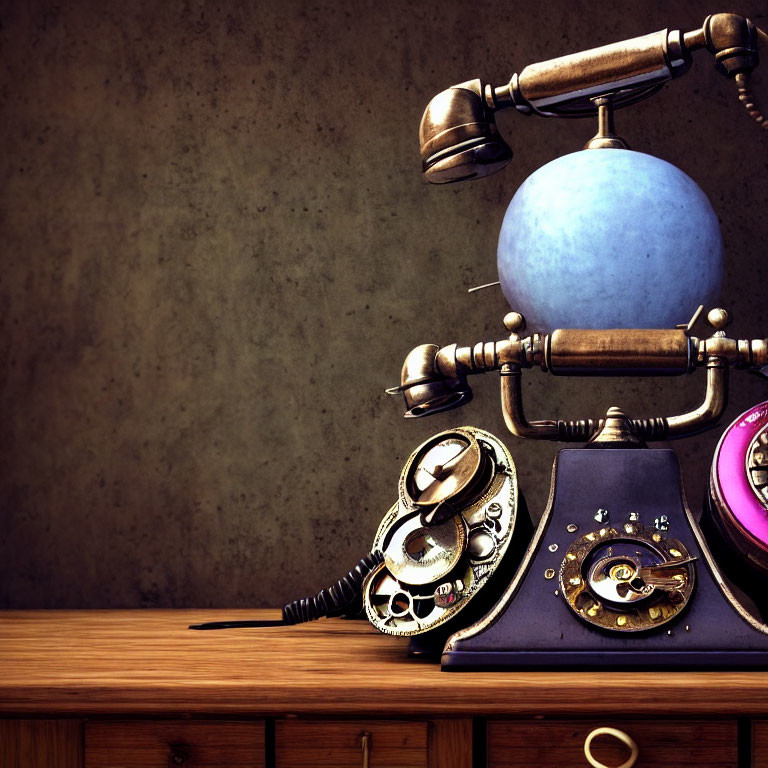 Vintage Telephone with Blue Sphere Receiver and Ornate Metal Details on Wooden Surface Against Dark Textured Background