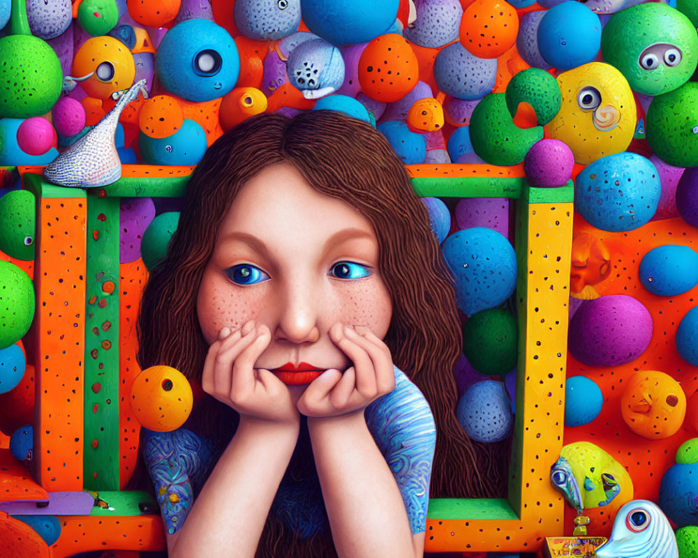 Colorful digital artwork: Girl with hands on chin among whimsical cartoon balls