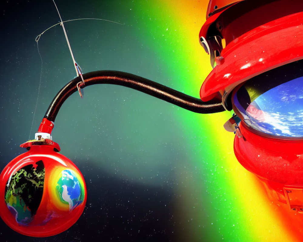 Large Red Robot Fishing Small Earth in Starry Sky