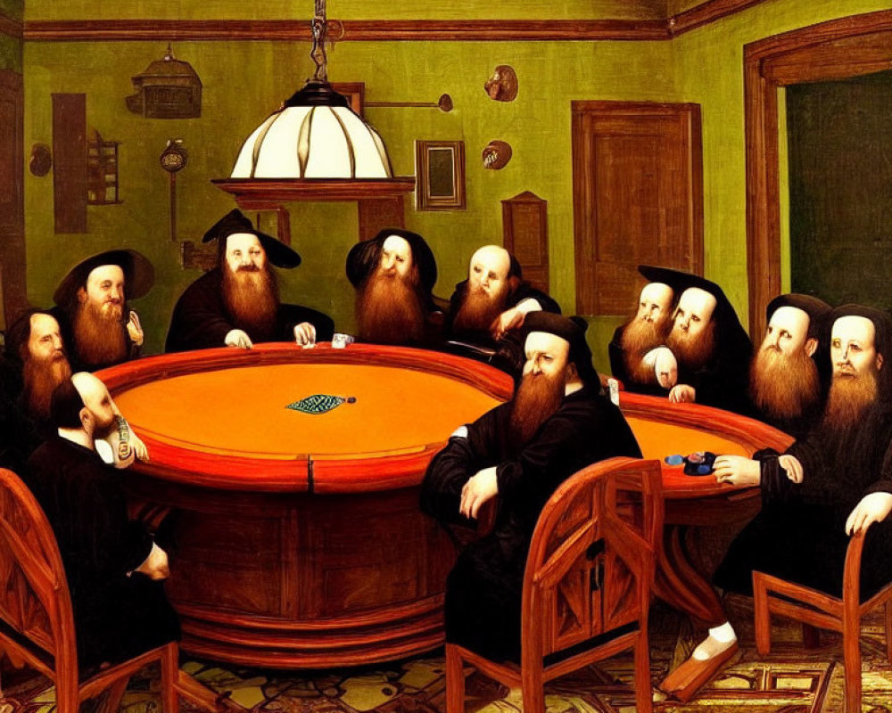 Bearded men in black hats playing poker at green table