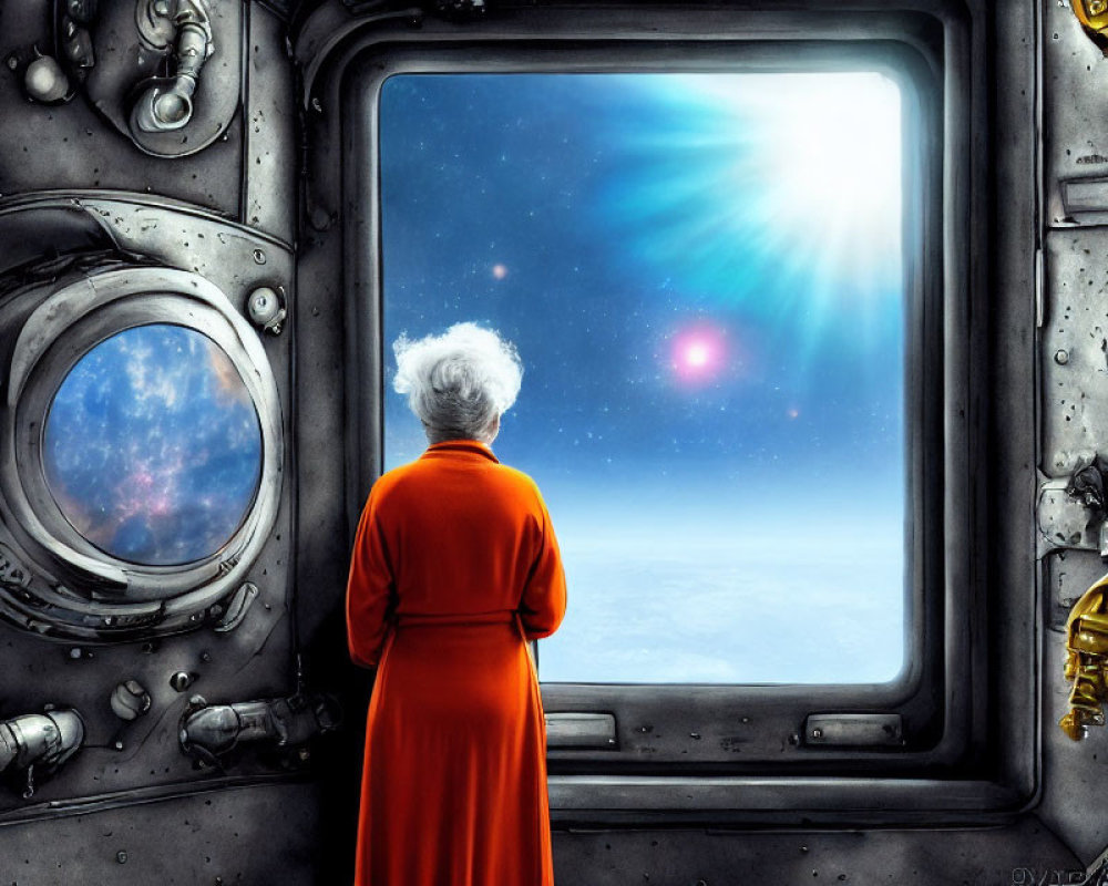 White-Haired Person in Red Garment Observing Star and Planet from Spacecraft