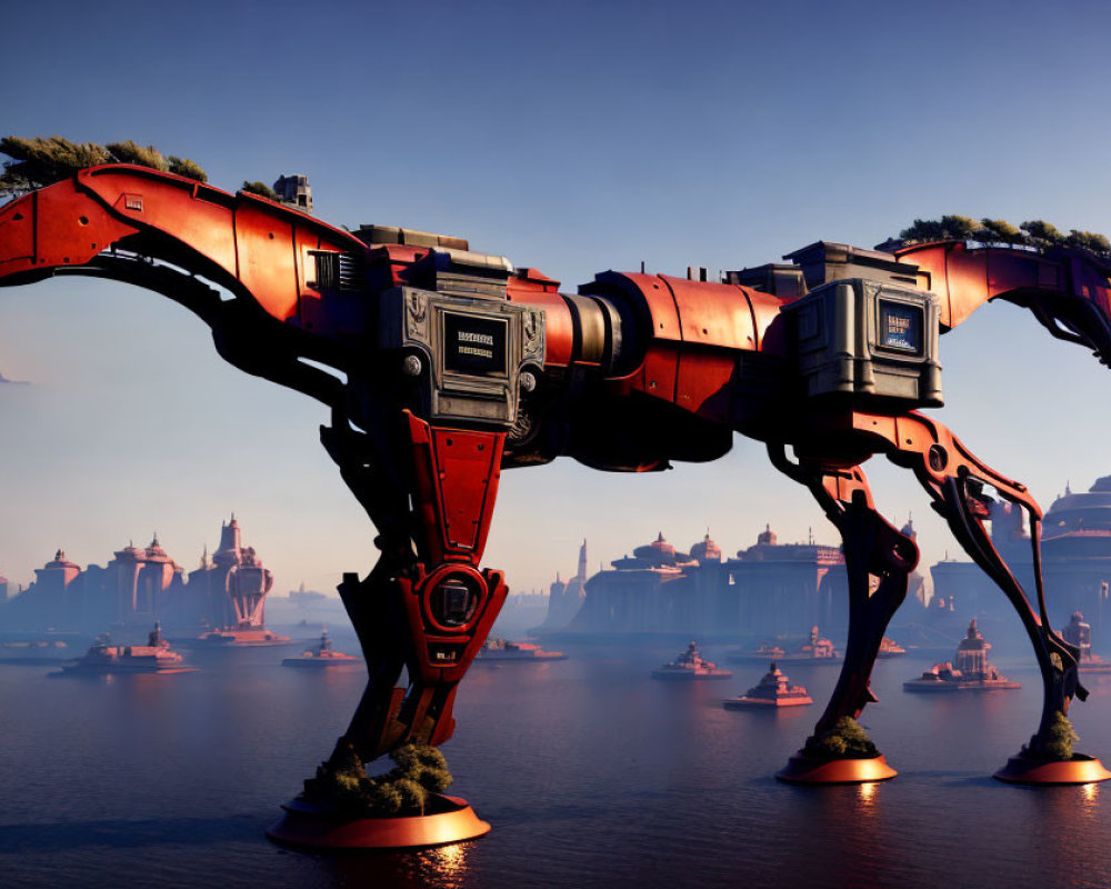 Red Mechanical Quadruped in Futuristic Bay Setting