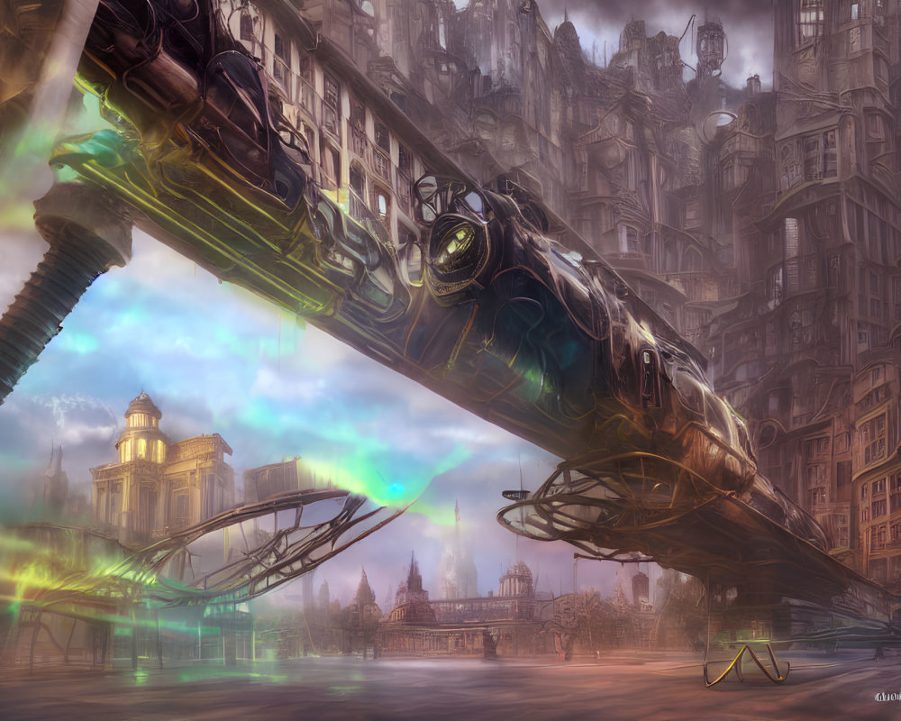 Futuristic cityscape with levitating train and intricate architecture